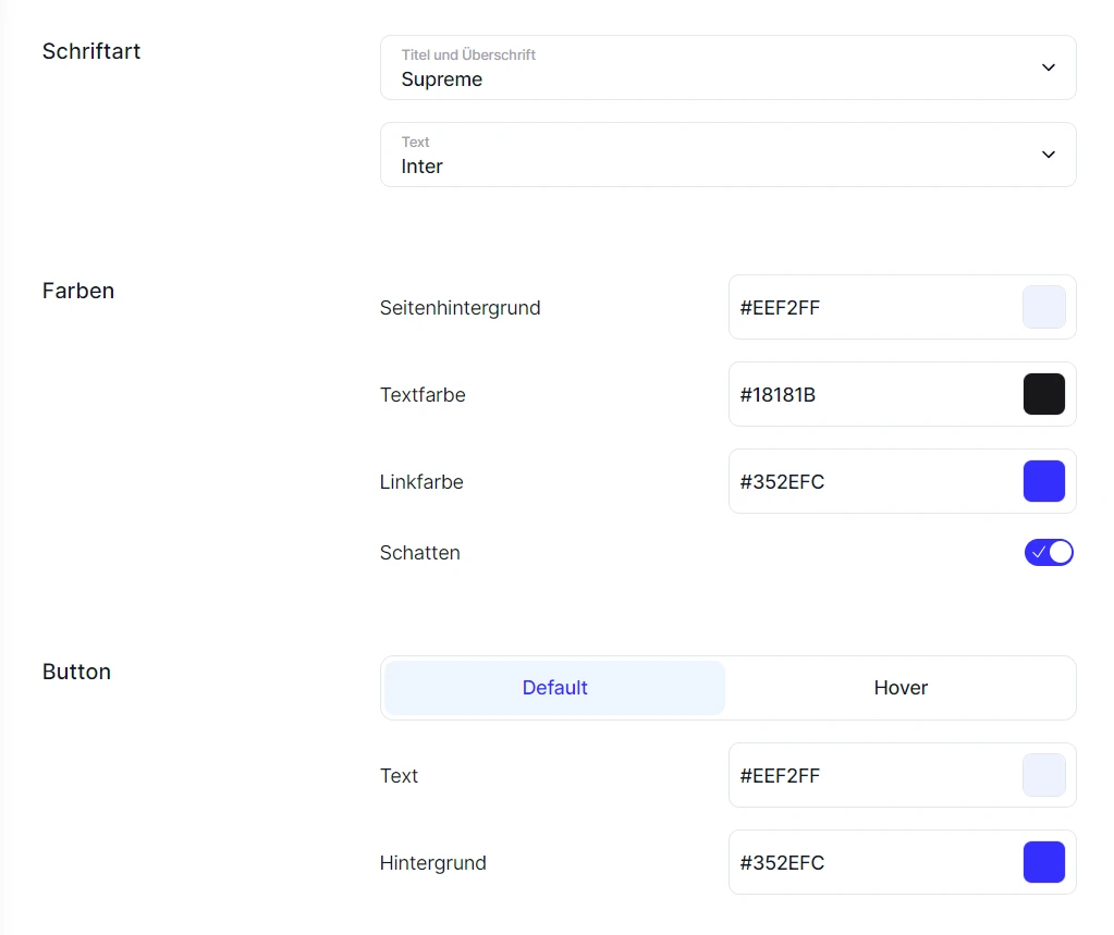 Forms Einstellungen Schriftart Farbe Schaltflaechenfarbe