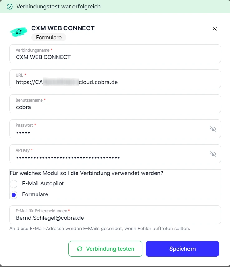 E-Mail Autopilot Verbindungen cobra CRM WEB CONNECT Details