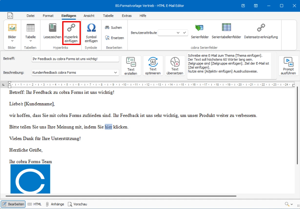 cobra Forms CRM Serien-E-Mail Formate Formatvorlage anpassen Hyperlink Text