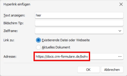 cobra Forms CRM Serien-E-Mail Hyperlink einfuegen