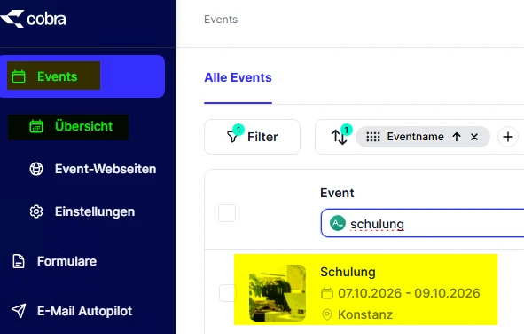 cobra Support Event Teilnehmer Ticket ID Buchungsnummer auslesen Uebersicht