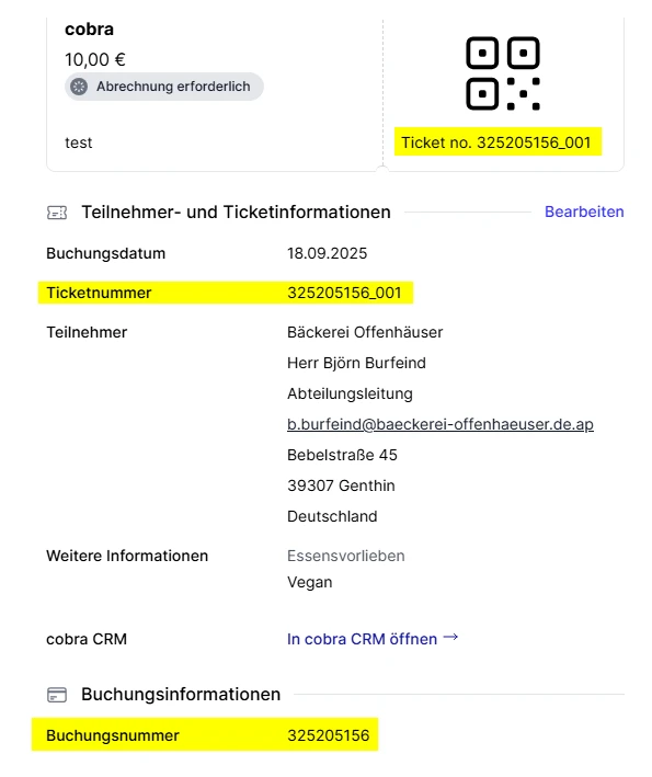 cobra Support Event Teilnehmer Ticket ID Buchungsnummer auslesen Buchungen