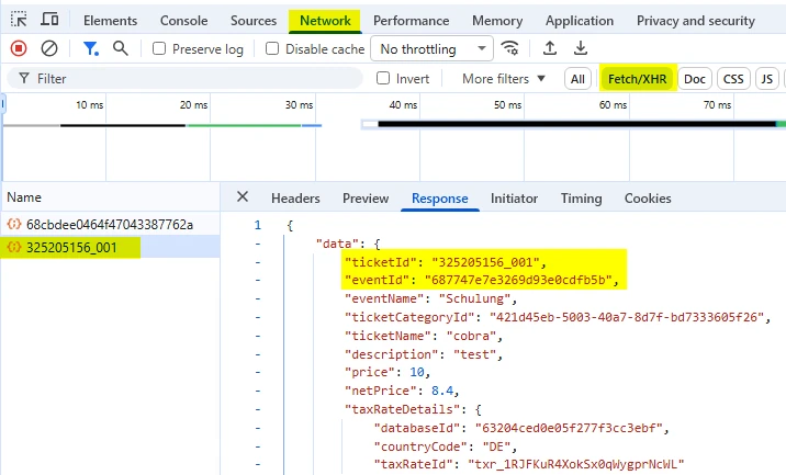 cobra Support Event Teilnehmer Ticket ID Buchungsnummer auslesen Entwicklertool