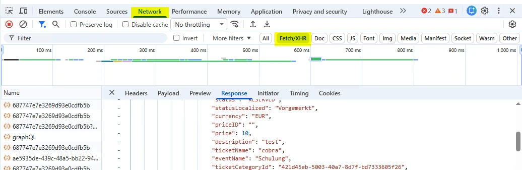 cobra Support Event ID auslesen Network Fetch XHR