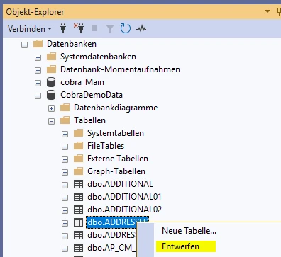 cobra Support PK Adresses Microsoft SQL Server Management Studio Tabelle entwerfen
