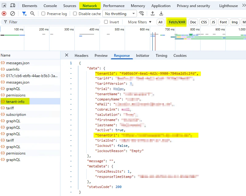cobra Support Tenant ID URL auslesen Hauptseite tenant-info