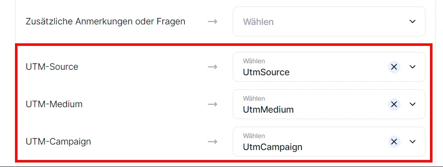 Forms Aktionen Daten freie Tabelle UTM Parameter